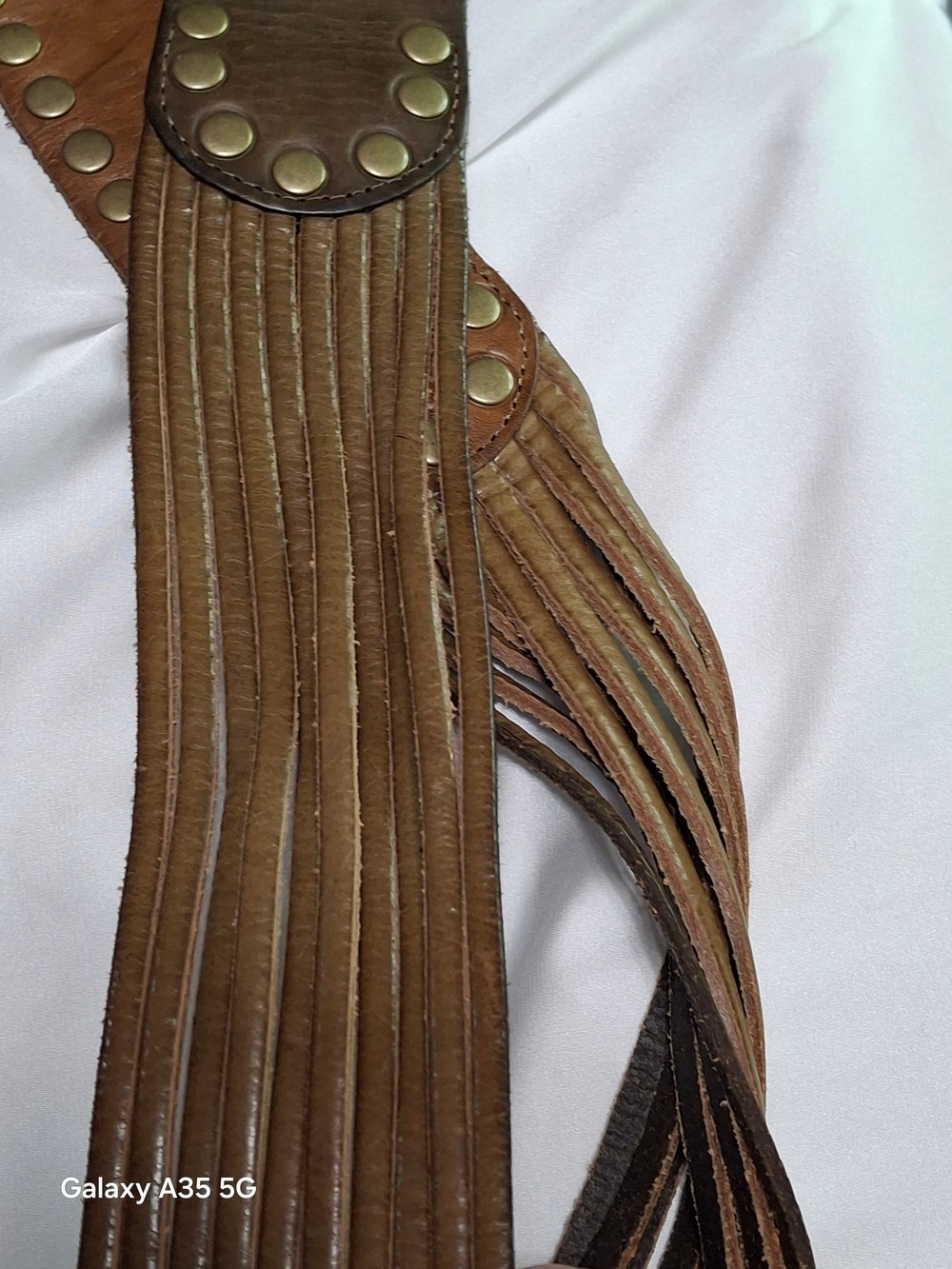 Linea Pelle Brown Leather Belt with Brass-Tone Green Accent Buckle - Picture 5 of 11